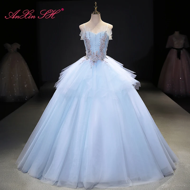 

AnXin SH принцесса небесно-голубое кружево с оборками на тонких бретельках Бисероплетение Кристалл для невествечерние нее винтажное бальное п...