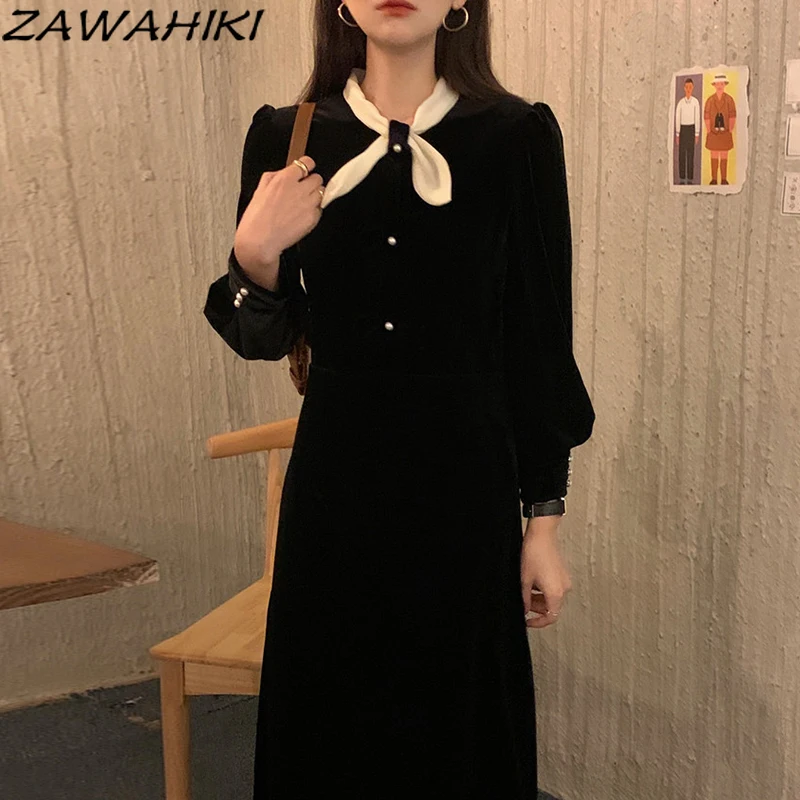 

ZAWAHIKI Korean Dresses Chic Solid Bowknot Pearl High Waist Vestidos De Mujer O Neck A Line Puff Long Sleeve Velvet Dress Women