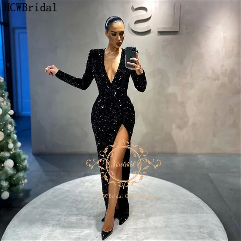 Black Long Sleeve Prom Dresses Sexy High Slit Sequin Formal Party Dress Plus Size Women Evening Gowns Robe De Soiree Cheap | Свадьбы и