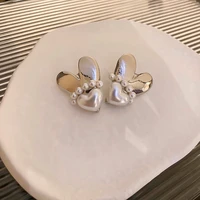 romantic simulation pearl love heart pendant earrings for women girls silver color metallic dangle earrings accessories gifts