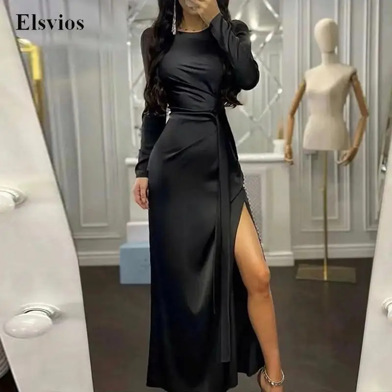 

2022 Spring Women Sexy High Slit Maxi Dress Lady Fashion Long Sleeve Satin Party Dress Solid Elegant O Neck Lace-Up Long Dresses
