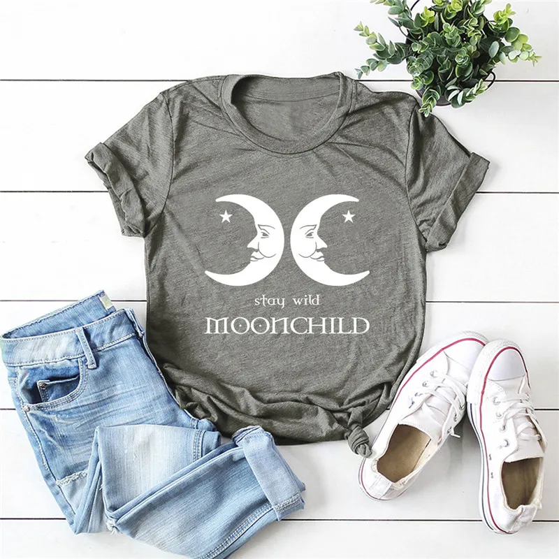 

100%Cotton Oversized T Shirt Women New Moon Print Tshirt O-Neck Short Sleeve Tops Graphic Tee Vintage Plus Size S-5XL Tshirts