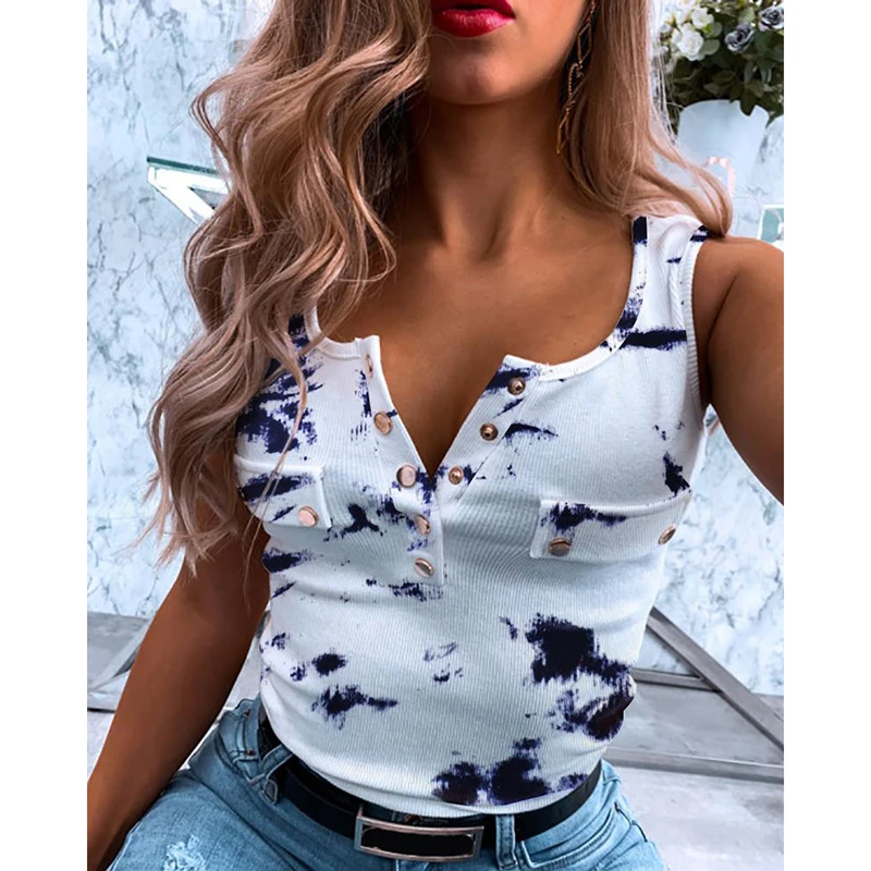 Майка женская на пуговицах с V-образным вырезом без рукавов | Женская одежда