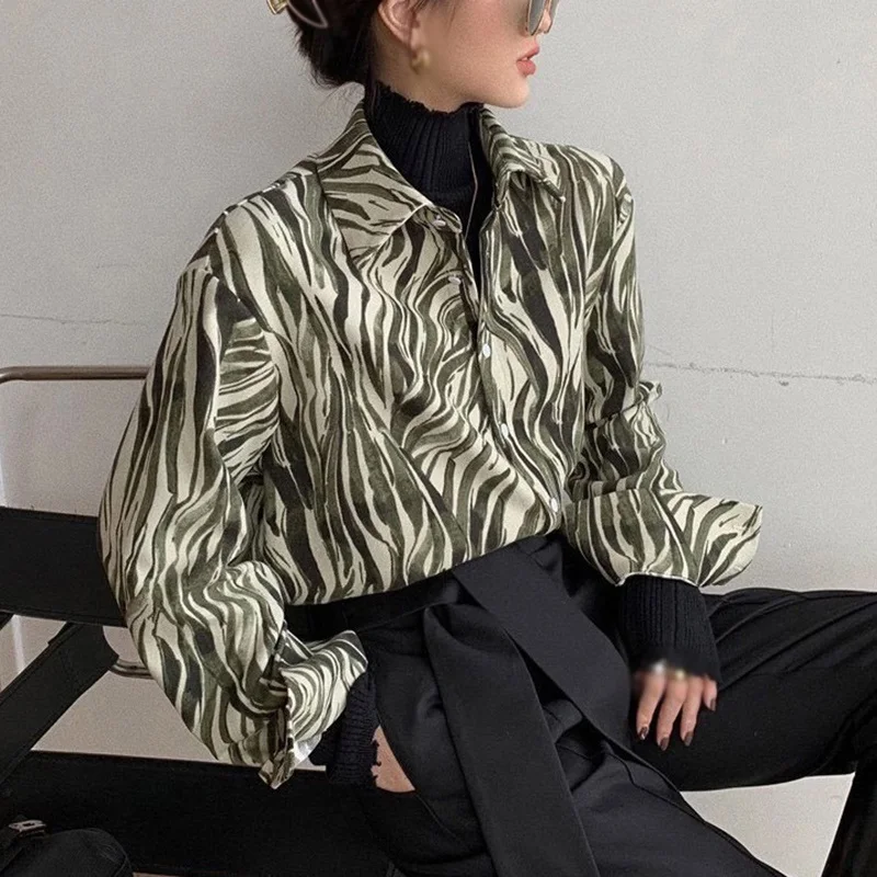 

Women's Zebra Pattern Tie-Dye Shirts Female Fashion Casual Loose Long Sleeves Blouse