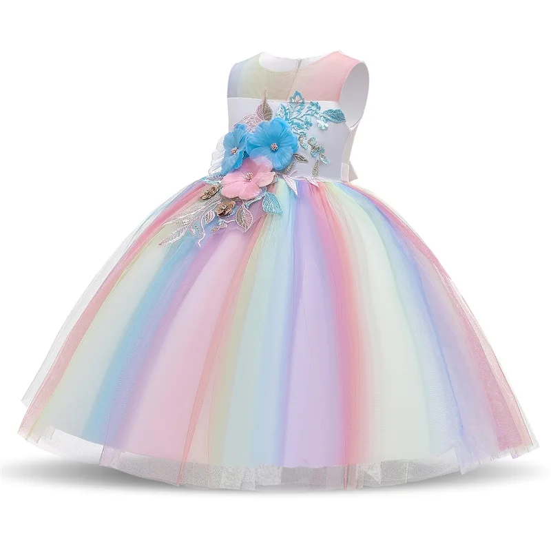 Unicorn Party Fluffy Girl Tiered Floral Tutu Dress Halloween Rainbow Costume Princess Toddler Girls Backless Cartoon | Детская одежда и