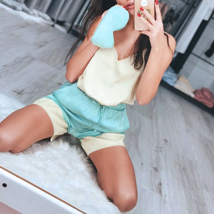 HiLoc Сращивание сексуальный пижамный комплект свободная v-образным вырезом