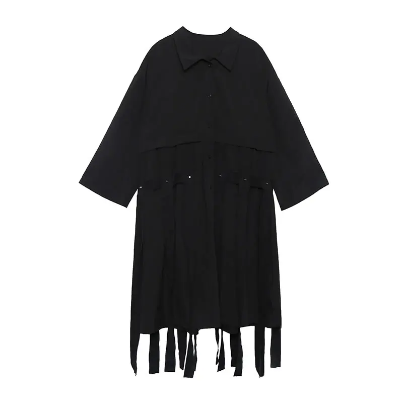 XITAO Плиссированное черное миди платье Женская мода 2019 осень отложной воротник с