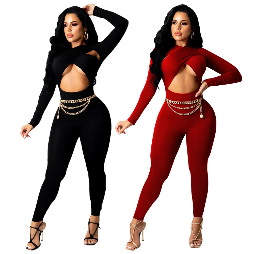 

Nightclub Party Pants Jumpsuits Autumn 2021 Turtleneck Sexy Long Sleeves Waist Hollow Out Slim Waist Skinny Pencil Rompers S-2XL