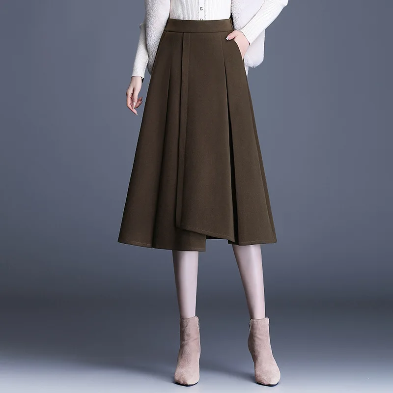 

Women Fashion High Waist Irregular A-line Skirts Autumn Winter Office Lady Elegant Loose Big Swing Casual Mid-long Skirts Y837