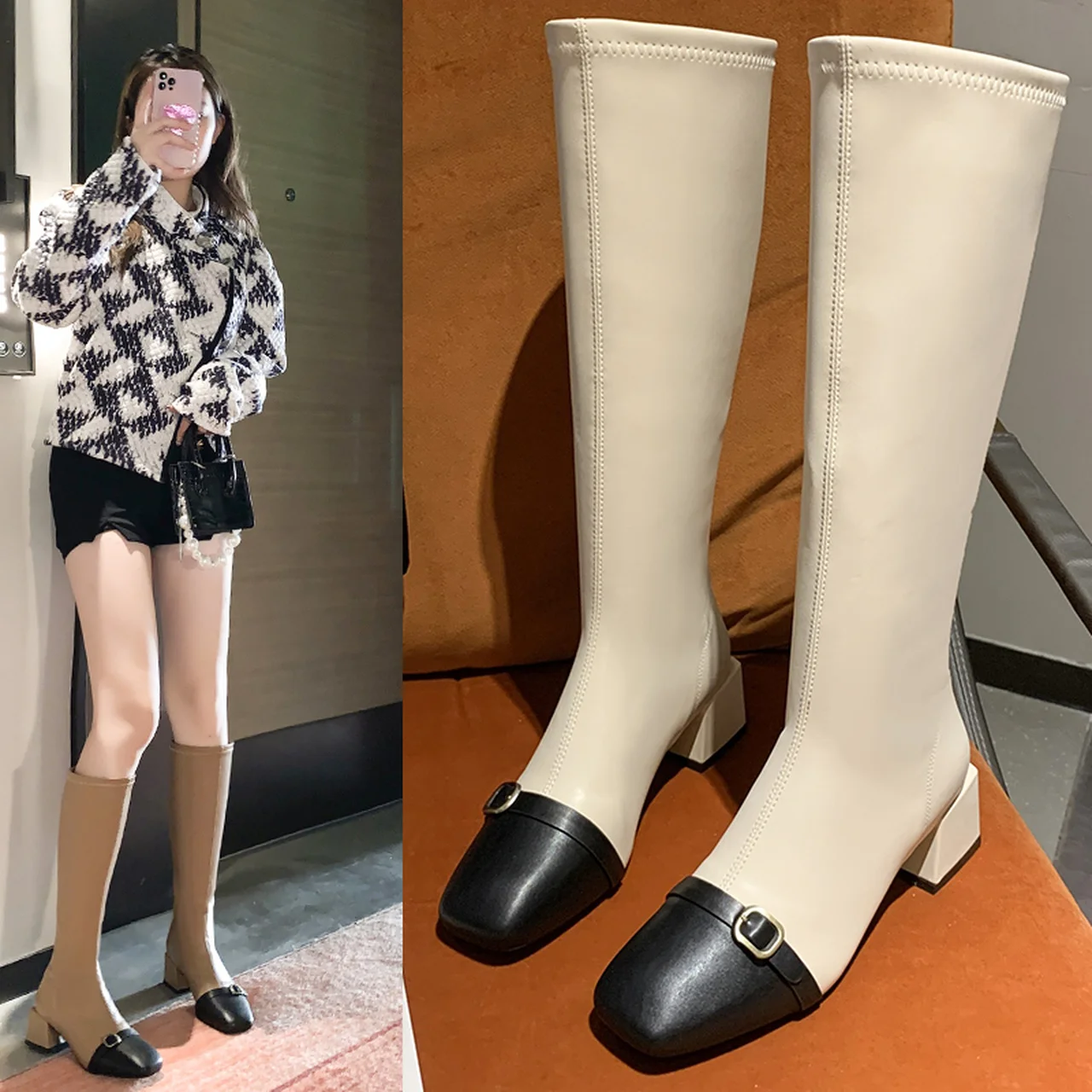 

Women's boots high heels warm fur boots autumn and winter color matching fashion thick heel Back zipper boots Zapatillas Mujer