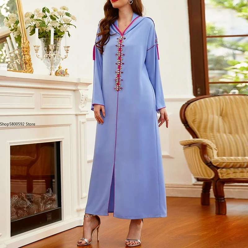 2022 Muslim Fashion Women Dress Solid Color Long Sleeve Beading Hooded Temperament Casual Autumn Winter Long Ladies Dress