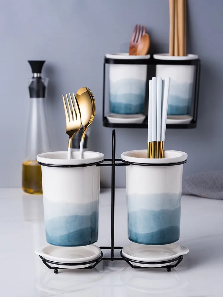 

Gradient Color Ceramic Chopsticks Tube Rack Drain Knife Fork Spoon Storage Box Household Double Tube Chopsticks Cage