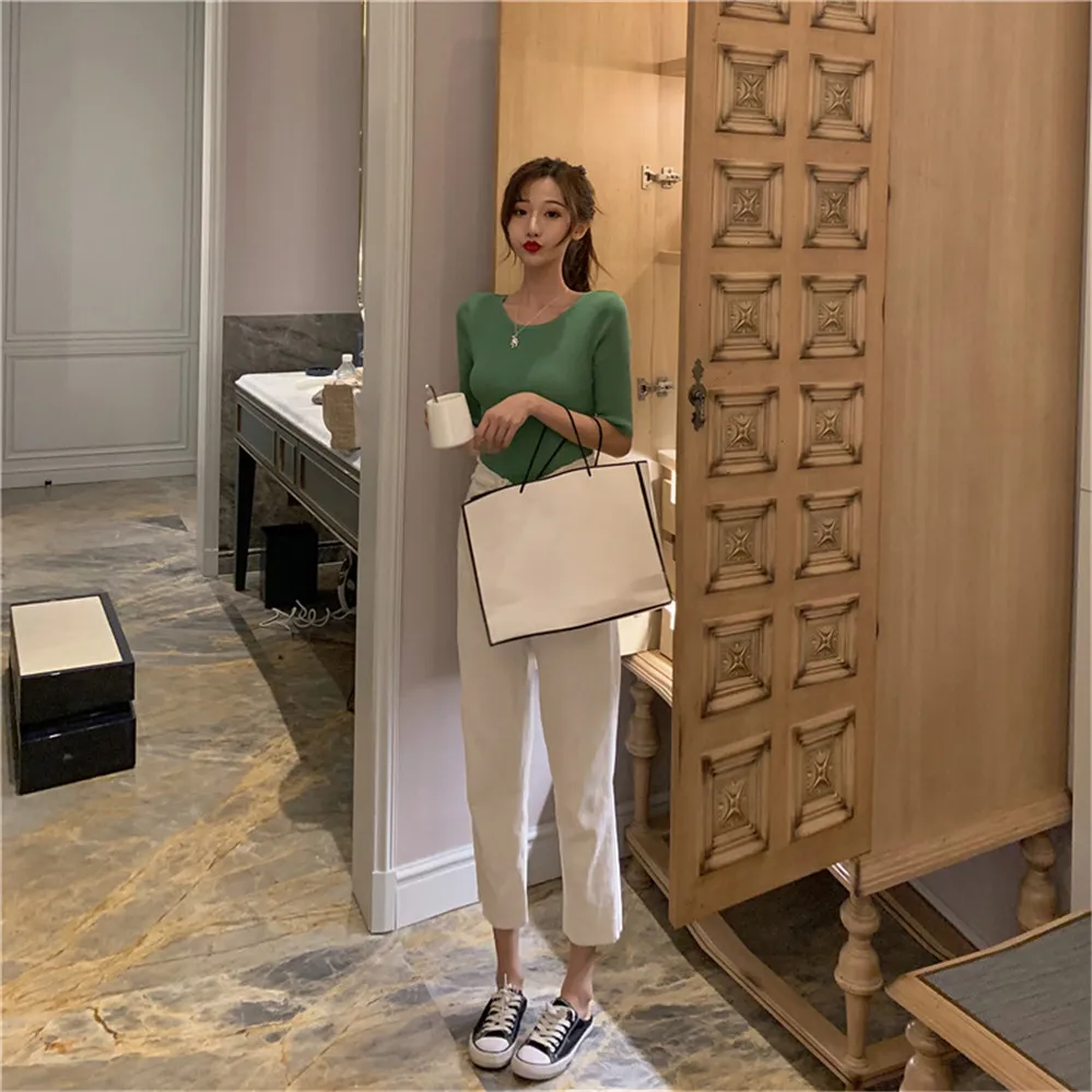 

New Arrival 2020 Korea Lady Backless Bow Femme elegant Black KnitwearAutumn Women Pullover White Tops Half Sleeve Casual tops