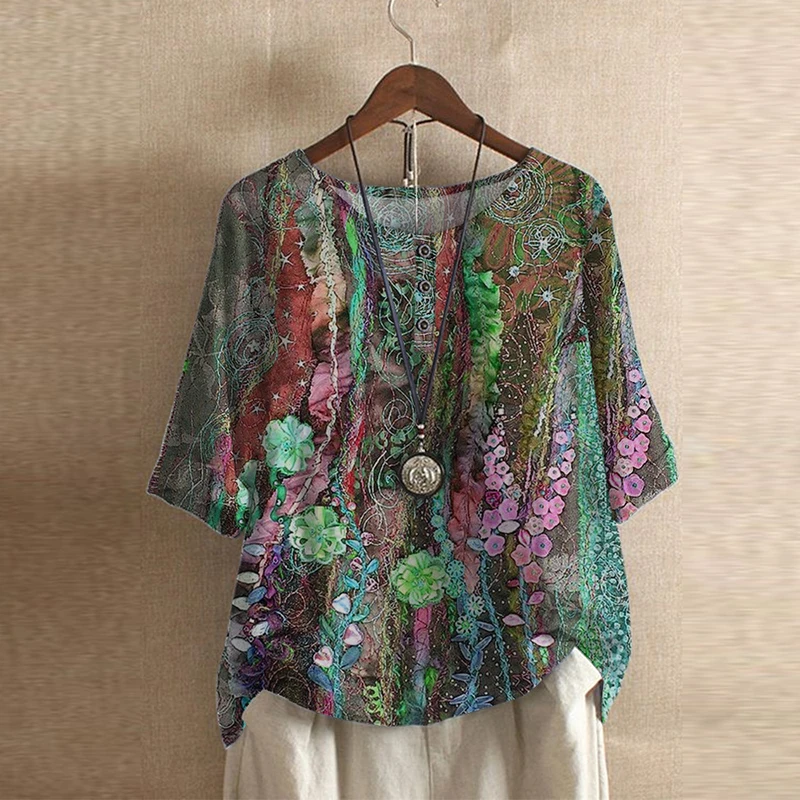 Женская винтажная блузка на пуговицах Повседневная Свободная рубашка с