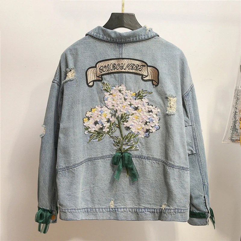 

Women Spring Autumn Fashion Korea Style Vintage Long Sleeve Flower Embroidery Denim Coat Female Large Size BF Style Loose Jacket