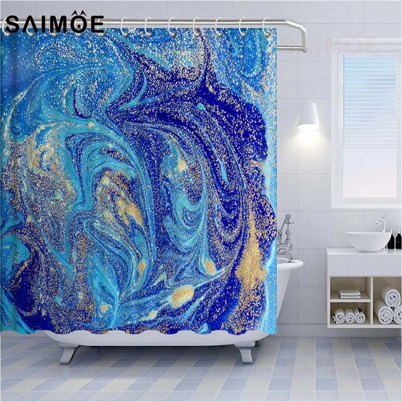 SAIMOE Marble Texture Shower Curtains Liquid Golden Bathroom Curtain Blue Stone Abstract Art Home Decor | Дом и сад