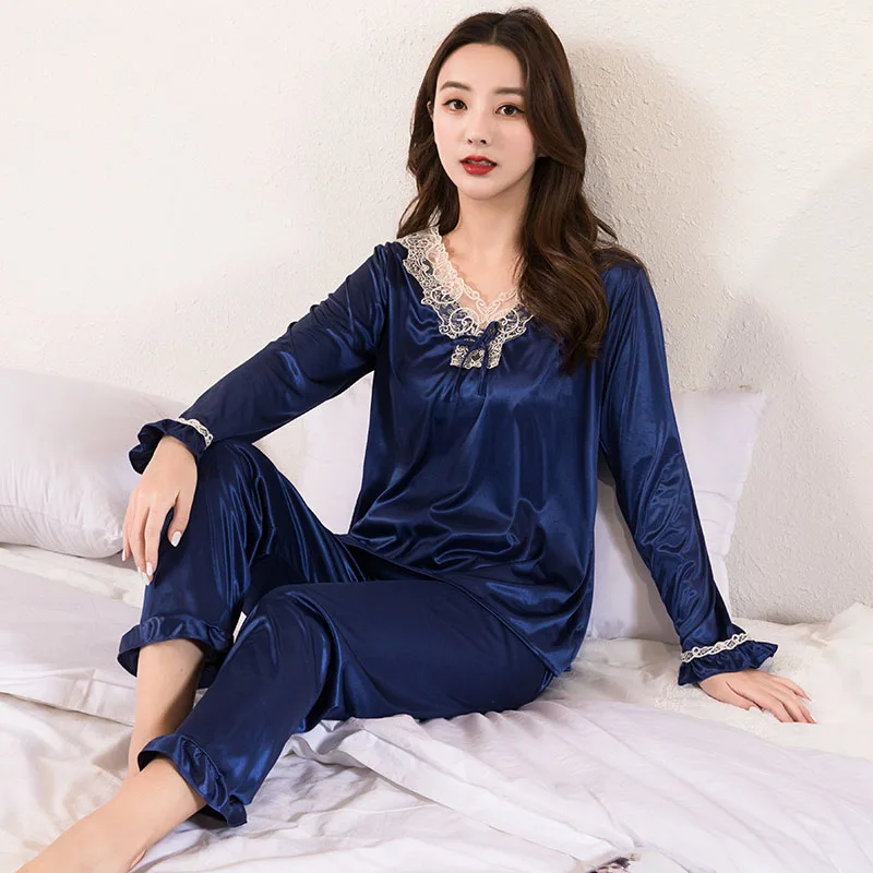 

WAVMIT long Sleeve Pajamas Ice Silk Set 2Pcs Women Sleepwear Shirt V-neck Polyester Nightwear for Women long Top Pant Homewear