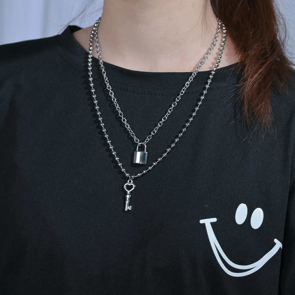 Sifisrri Punk Double Layer Lock and Key Pendant Stainless Steel Necklace for Women Men Couples Valentine's Day Jewelry Gifts | Украшения