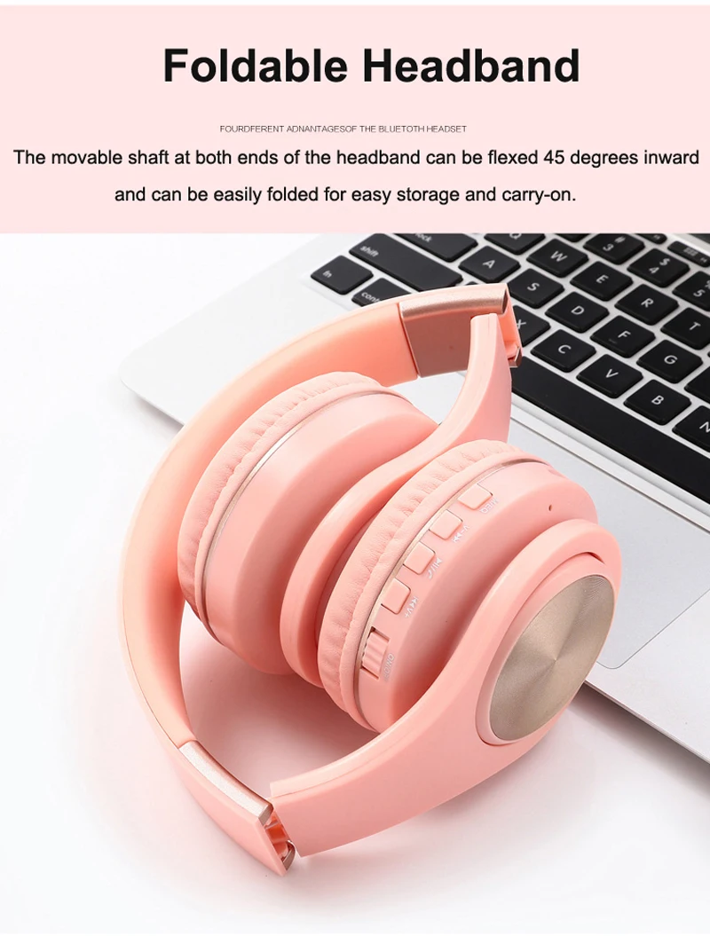 Розовые Bluetooth наушники проводные беспроводные наушники Bluetooth гарнитура Складные стерео игровые наушники с микрофоном Поддержка TF карты