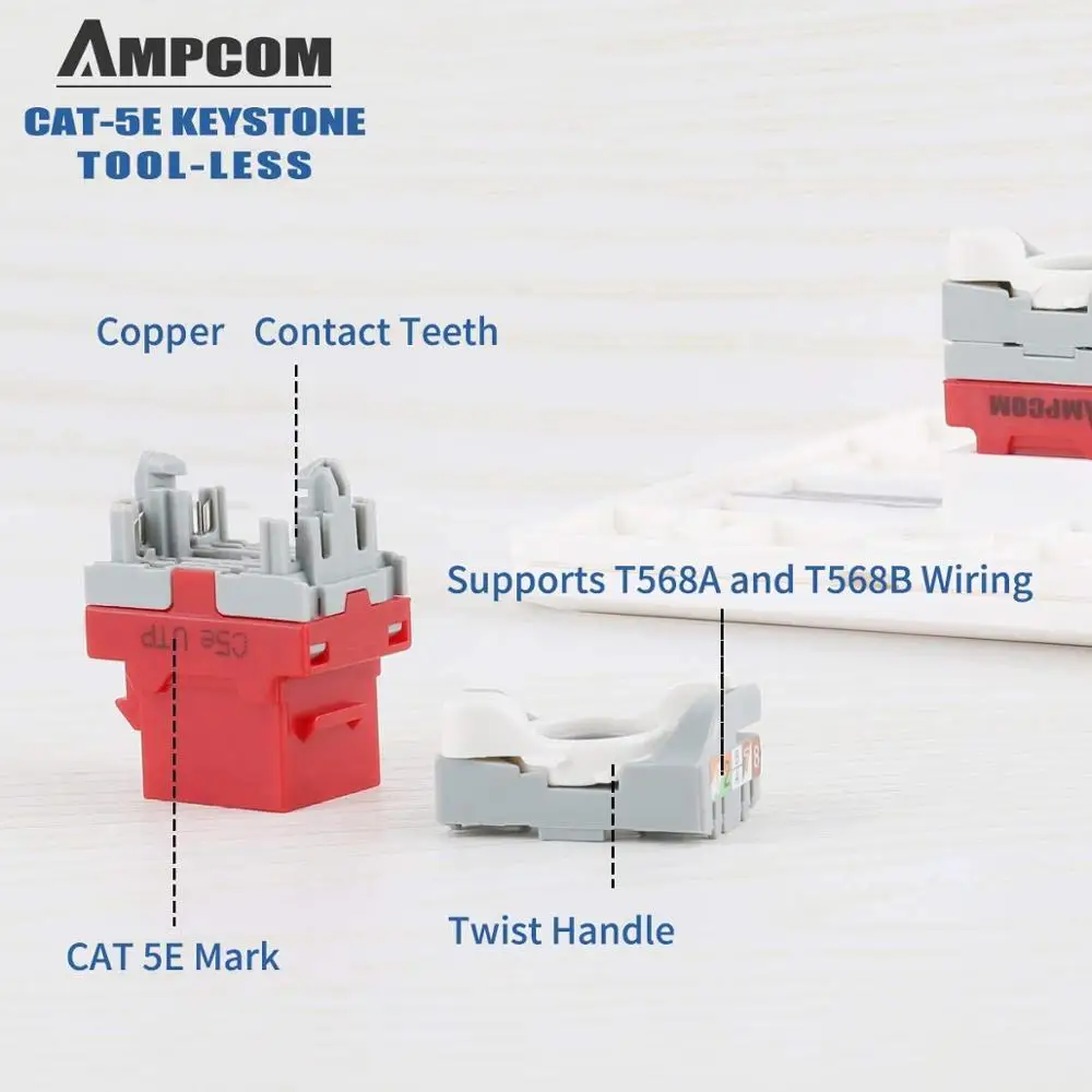 Кабель AMPCOM CAT5e RJ45 5 упаковок без ключа пробойника красный разъем модуля UTP|Детали