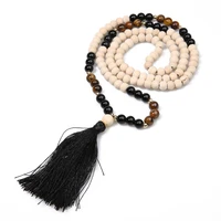 8mm wooden beads yellow tiger eyes black onyx beaded necklace meditation yoga blessing tassel 108 mala jewelry