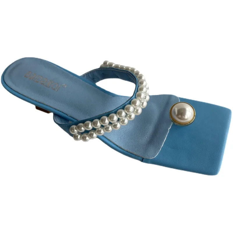 

Slippers Women Summer Slides Female Shoes Thin Heels Med String Bead Heeled Mules Square Toe Rubber Flip Flops 2021 High