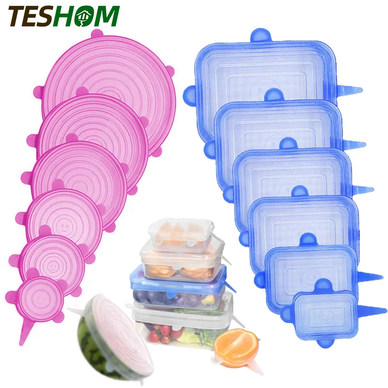 

6 шт Многоразовые Силиконовая крышка для еды, огранка из эластичного материала, растягивающаяся Регулируемая Крышки Чаши Универсальный Кух...