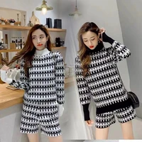 women turtleneck long sleeve pullover sweater and short set 2020 winter vintage pattern jacquard knitted 2 piece set