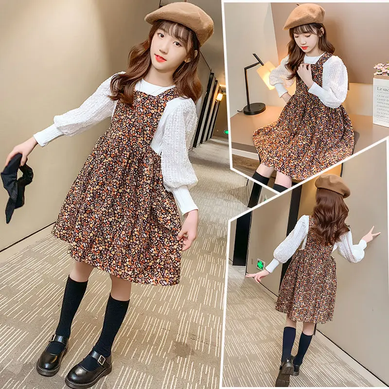 

2021 Spring Autumn Baby Girl Clothes Suits Princess Kids Girls Outfits Shirt Overalls Strap Floral Print Dress Girls Set D495