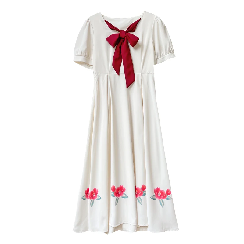 

women's clothing new summer fashion bow collar flowers printing dress puff short sleeves dresses female