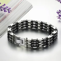12mm width mens bracelet black silicone stainless steel link chain bangle wristband punk jewelry
