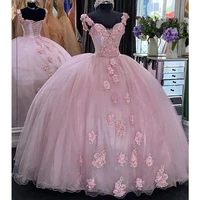 pink 2022 quinceanera prom dresses 3d floral flowers crystal beaded lace ball gown long formal party sweet 16 ears