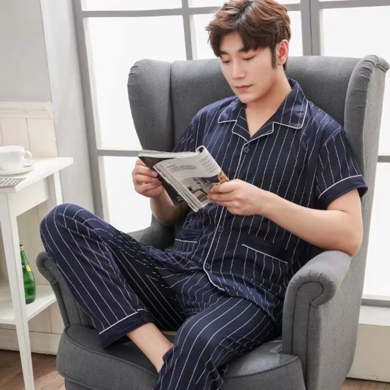 

2020 Summer Short Sleeve Long Pants Cotton Pajama Sets for Men Casual Striped Sleepwear Pyjamas Homewear Loungewear Home Clothes