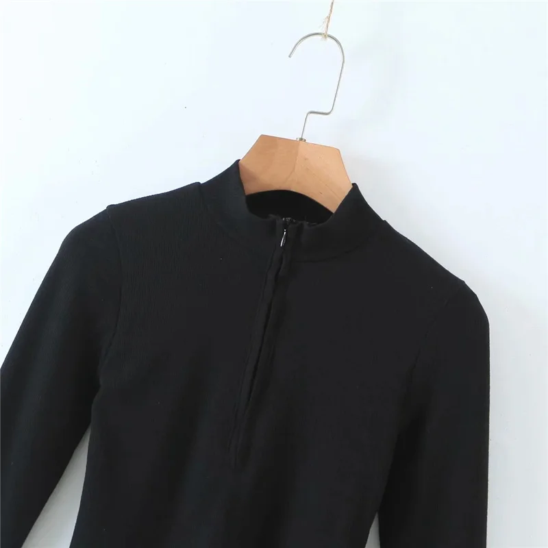 

KUSAHIKI 2021 Spring New Zipper Stand Neck Knitted Tshirts Long Sleeve Slim Graphic Tees Women Korean Solid Short T Shirt 6E856