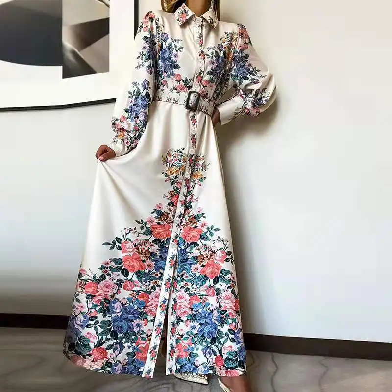 

2021 Autumn and Winter New Temperament Thinner Printed Long-sleeved Mid-length Hepburn Style Dress A371