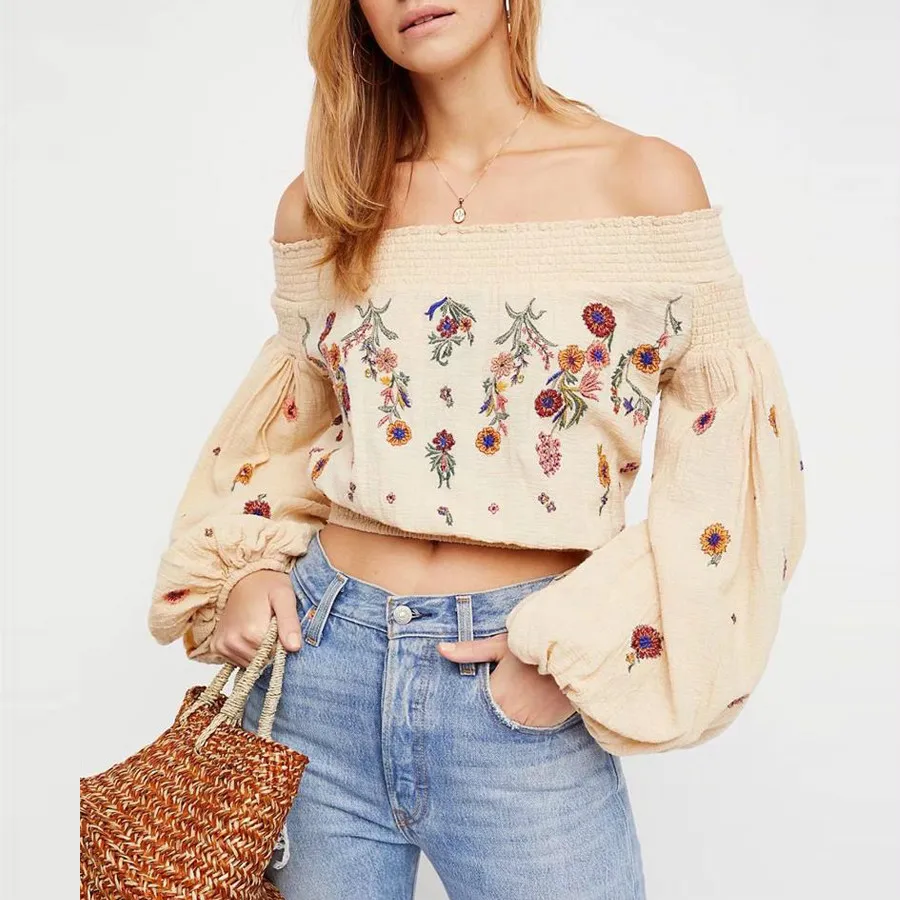 Boho короткая блузка 2020 Новая женская вышивка сексуальный топ на одно плечо летние