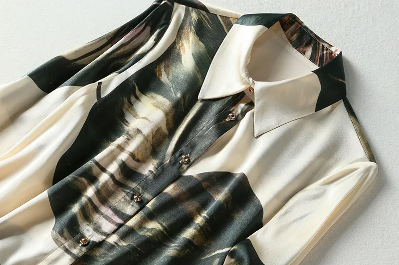 

European and American women's dresses for spring 2021 Long sleeve lapel Single breasted abstract print Fashion silk shirt