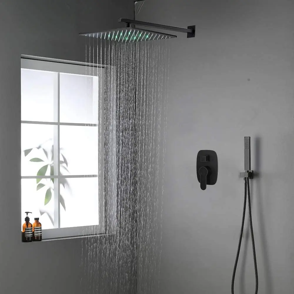 Роскошная душевая система матовый черный 12 дюймовый светодиодный настенный