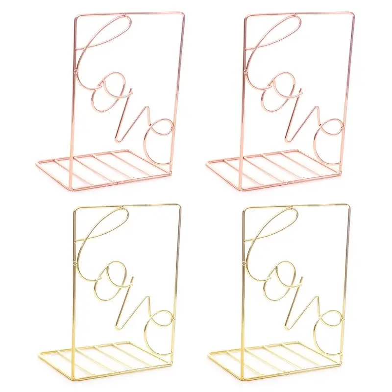 

B2EF 2Pcs/Pair Creative Love Shaped Metal Bookends Desk Storage Holder Shelf Book Organizer Stand