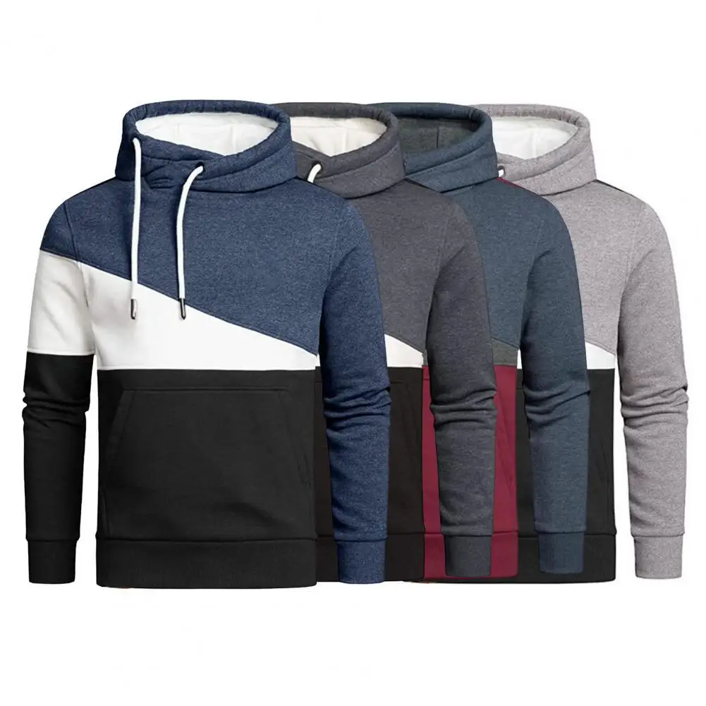 

Front Pocket Long Sleeve Pullover Men Hoodie Autumn Winter Color Block Hooded Pullover Tops Sweatshirt Outerwear