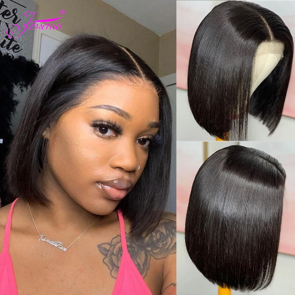 4x4 Lace Closure Wig Human Hair Wigs For Black Women Indian Short Bob Wigs Straight 8-16Inches Blunt Cut Bob Wig Natural Hair