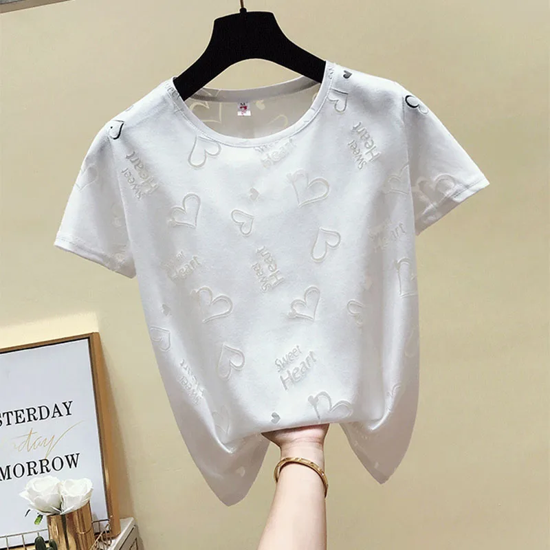 Футболка женская летняя с круглым вырезом и коротким рукавом прозрачная белая |