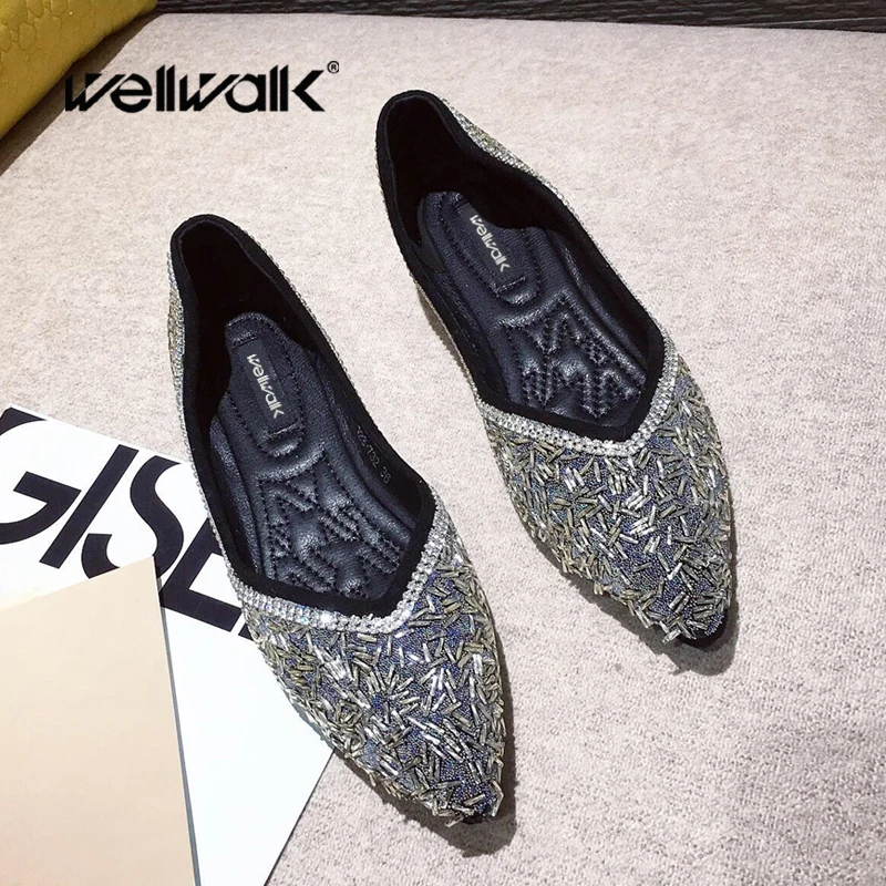 Туфли на плоской подошве со стразами Женские балетки с украшением в виде