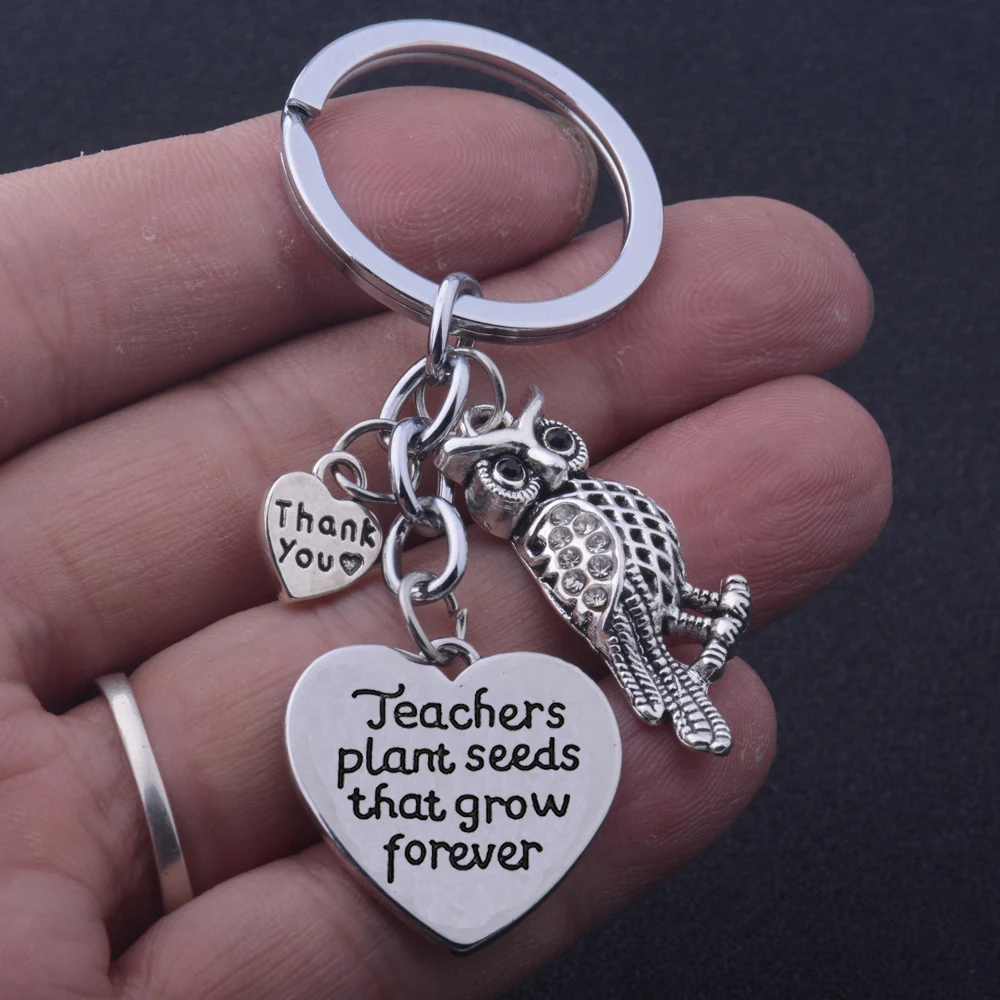 

12PC Teachers Plant Seeds That Grow Forever Keyring Teacher's Day Gifts Owl Pendant Thank You Love Heart Charm Keychains Jewelry