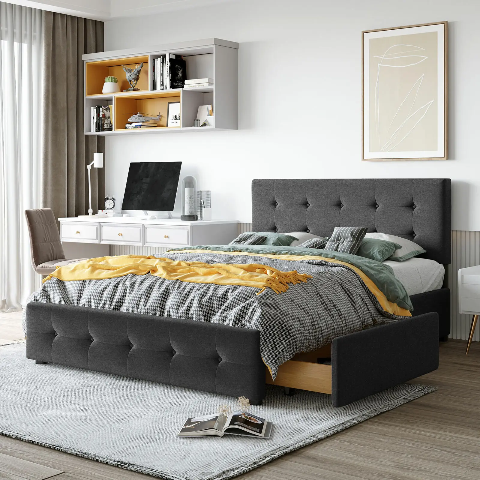 

Queen Size Classic Upholstered Platform Bed With Classic Headboard And 4 Drawers Easy Care Linen Fabric No Box Spring Needed