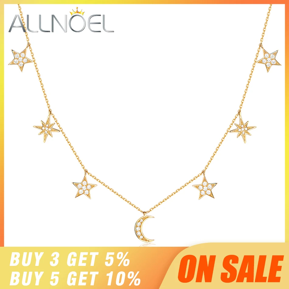 ALLNOEL, Настоящее 925 пробы, серебряное ожерелье для женщин, звездная луна, амулеты, золото, покрытый Цирконий, бриллиант, хорошее ювелирное изделие, цепочки