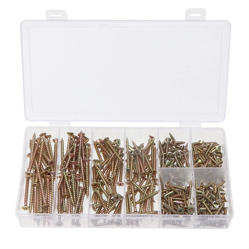 

New 332Pcs Boxed Color-Plated Zinc Fiberboard Nails Countersunk Cross Self-Tapping Woodworking Screws M3-M4 Combination