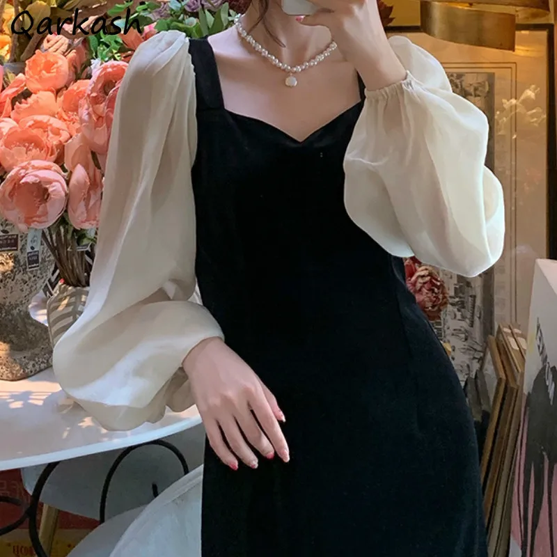 

Женское платье с длинным рукавом Ulzzang, элегантное весеннее Повседневное платье в стиле пэчворк для отдыха и вечевечерние