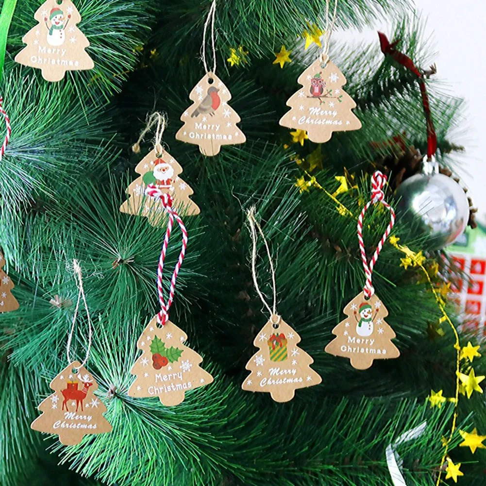 

48PC Christma Tree Kraft Paper Tag Merry Christmas Decor Gift Label Card +Rope Xmas DIY Craft Party Supplies Gift Label Hang Tag