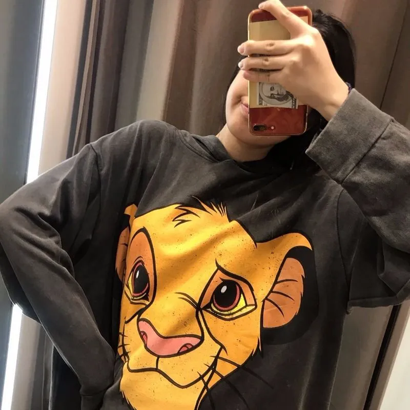 Модные свободные толстовки Kawaii, женские милые весенне-осенние Топы, Женские повседневные топы с рисунком льва, Милая футболка с длинным рукавом, женская футболка